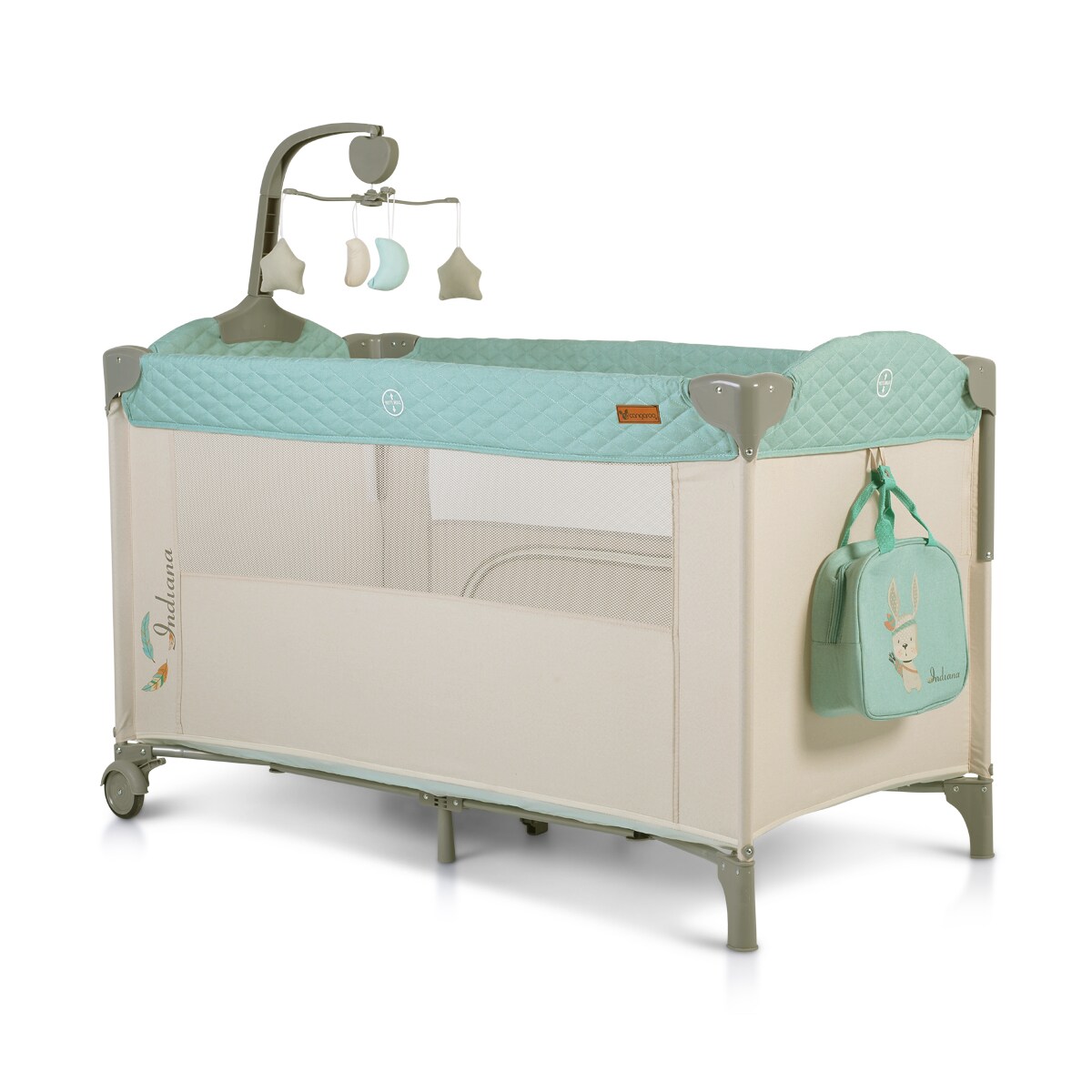 Cangaroo Reisebett Indiana Laufstall zwei Ebenen Matratze Wickeltasche R&auml;der gr&uuml;n 