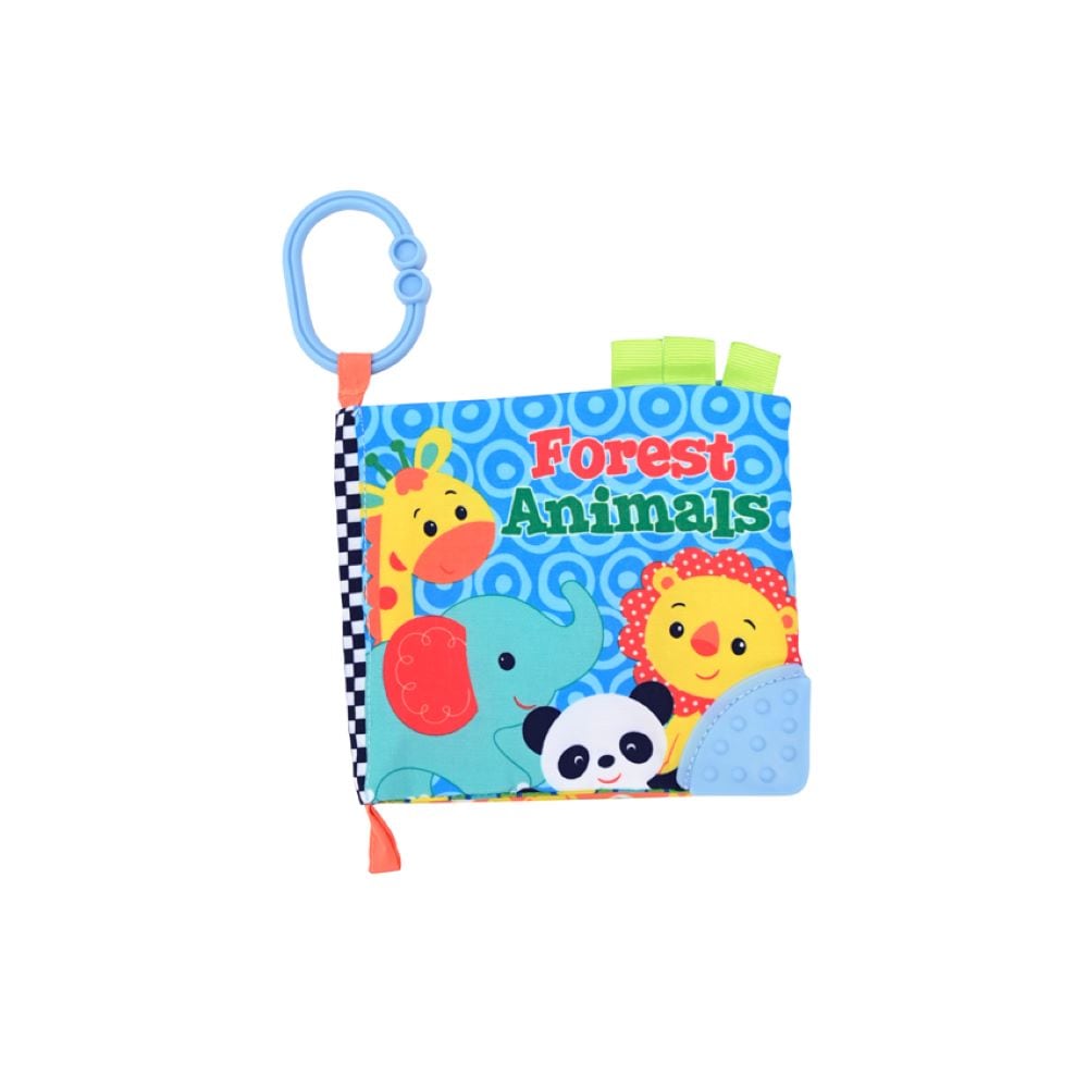 Lorelli Baby Stoffbuch Tiere Bei&szlig;ring Fr&uuml;chte C-Ring Lehrbuch Bauernhoftiere blau 