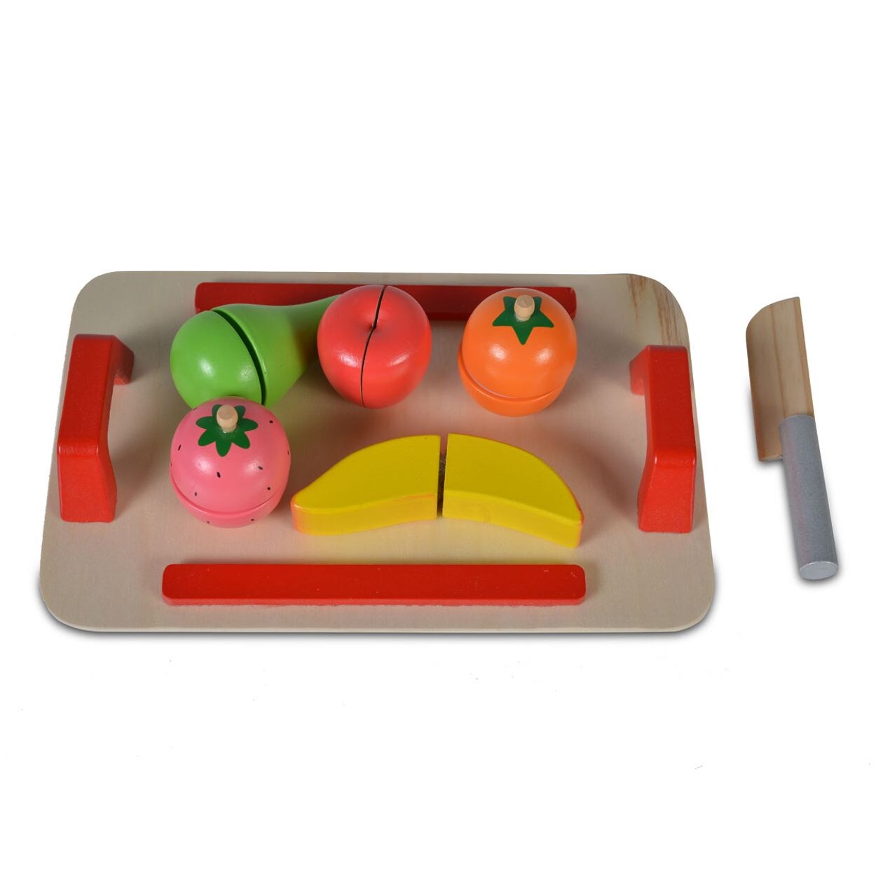 Moni Spielzeug Obst Set 4306 Holz Brett Messer Spielzeugfrüchte Selbstverschluss bunt