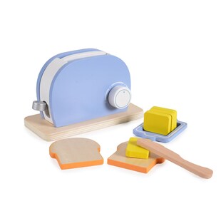 Moni Spielzeug Toaster 4341 Set Holz, Drehknopf, Butter, Messer, Toastscheiben hellblau 