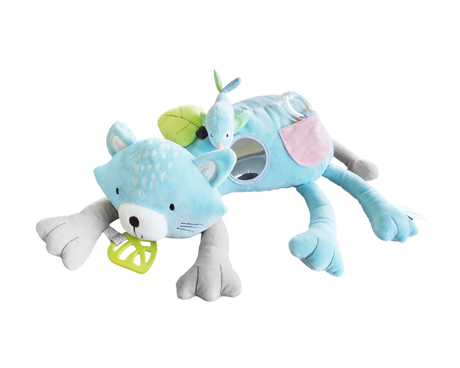 Kikkaboo Baby Kuscheltier Kit die Katze 3 in 1, Bei&szlig;ring, Rassel, Spiegel, 38 cm blau 