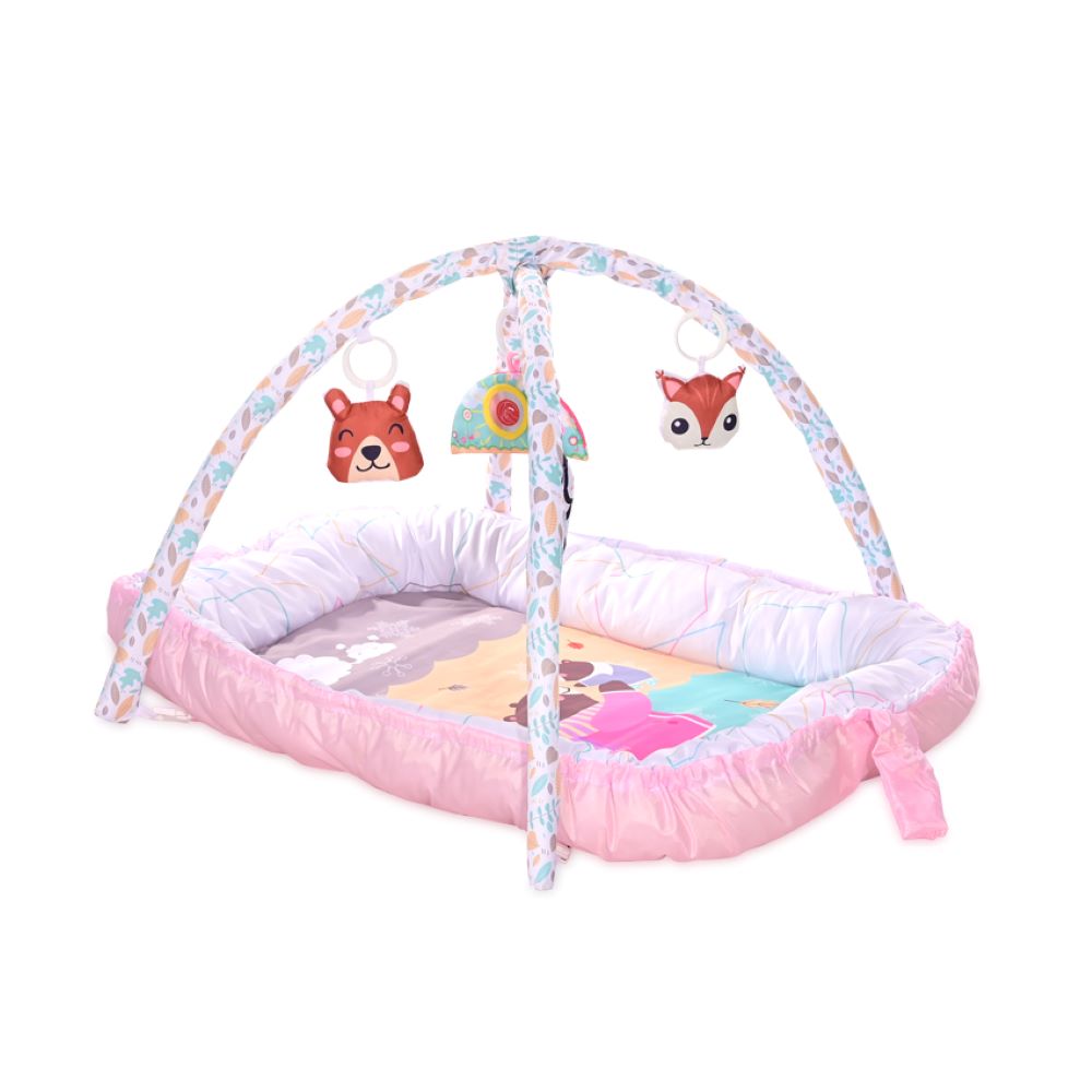 Lorelli Spielbogen Krabbeldecke Nest 2 in 1 Babynest h&auml;ngende Stofftiere Spiegel rosa 