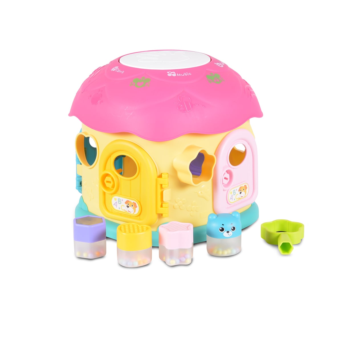 Moni Sortierspiel Steckspiel Pilzhaus Musik Licht Formsortierspiel 4 Formen pink 