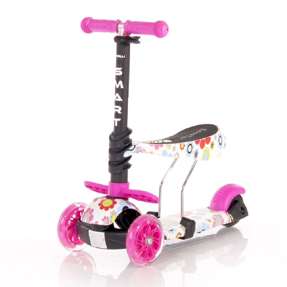 Lorelli Kinderroller Laufrad 2 in 1 Smart PU R&auml;der leuchten klappbar verstellbar rosa Blumen 