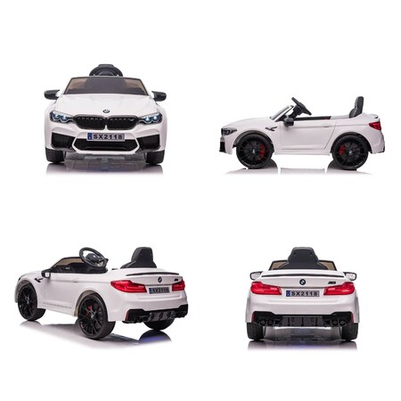 ES-Toys Kinder Elektroauto BMW M5 lizenziert EVA-Reifen Kunstledersitz MP3,  USB weiß