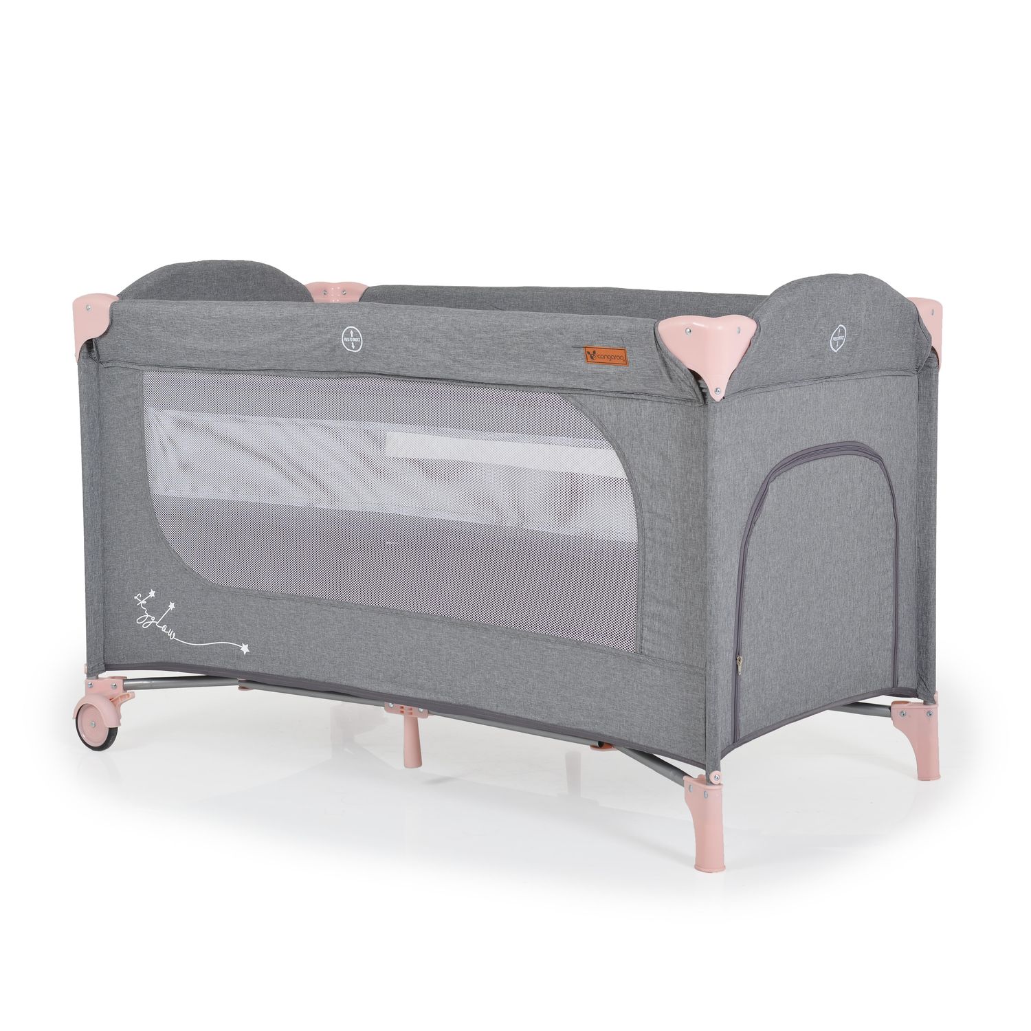 Cangaroo Reisebett Skyglow 2 Ebenen R&auml;der Matratze Seiteneingang Tasche Bremsen rosa 