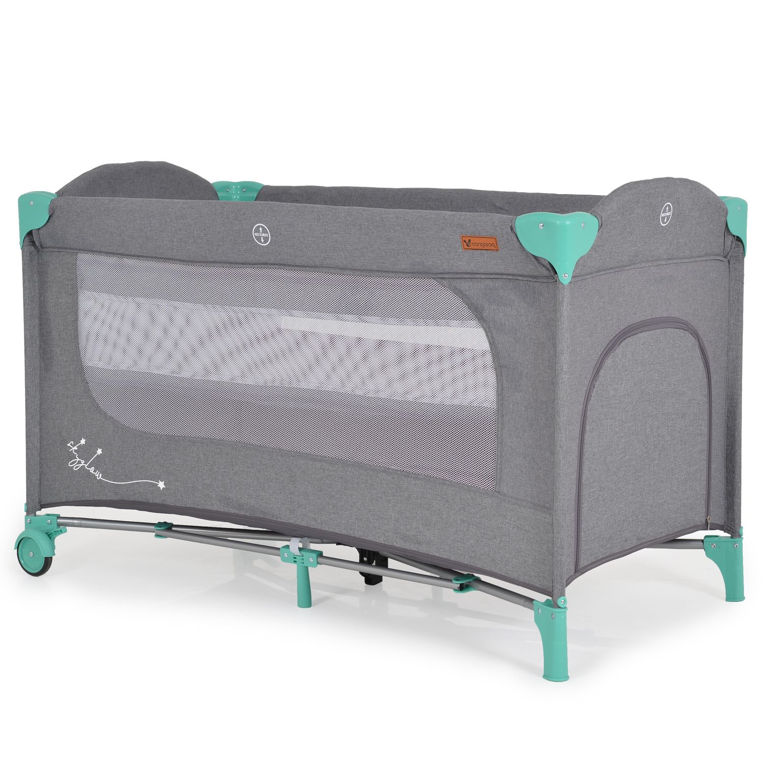 Cangaroo Reisebett Skyglow 2 Ebenen R&auml;der Matratze Seiteneingang Tasche Bremsen gr&uuml;n 