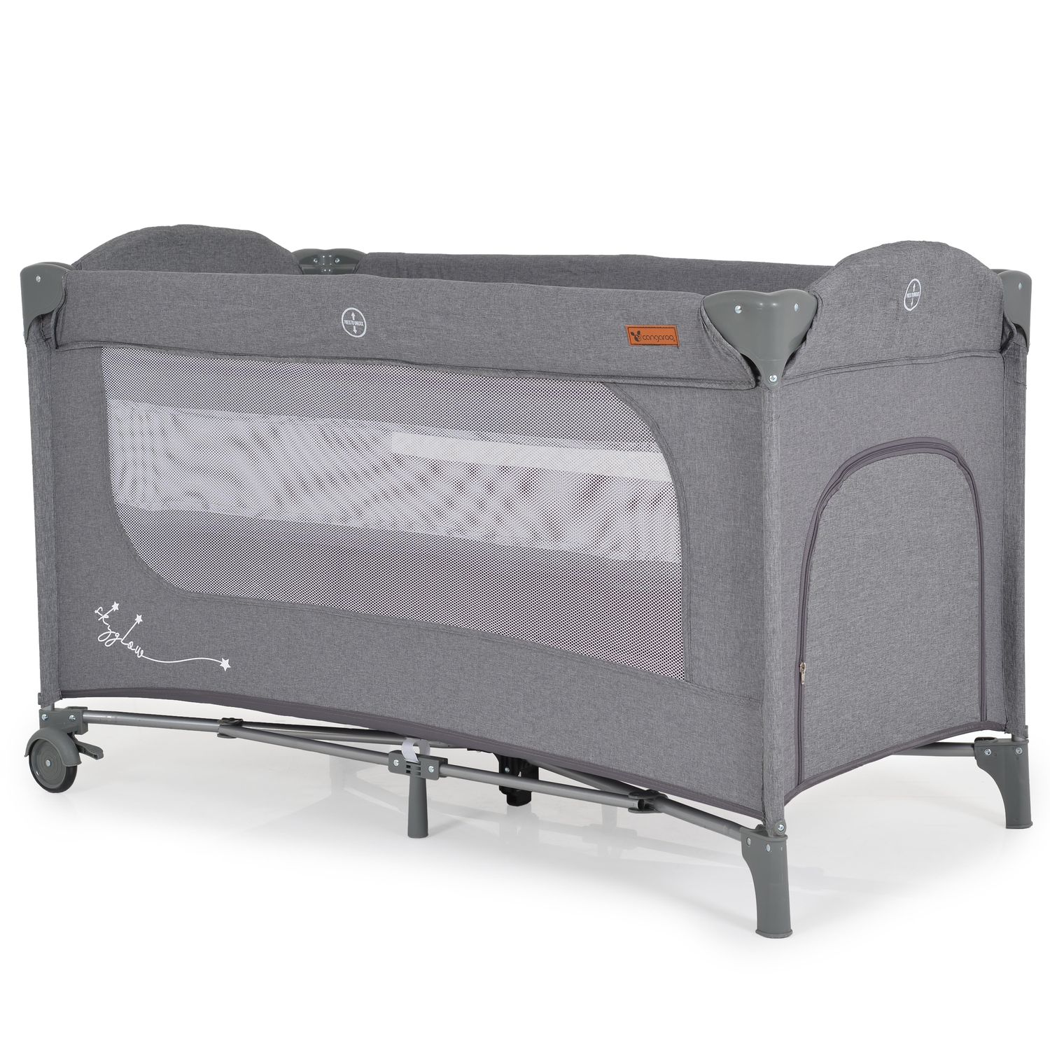 Cangaroo Reisebett Skyglow 2 Ebenen R&auml;der Matratze Seiteneingang Tasche Bremsen grau 