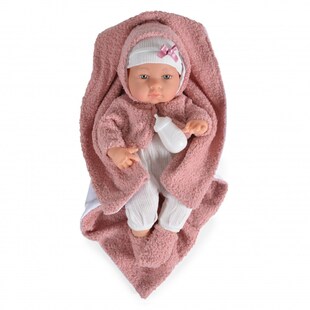 Moni Kinderpuppe 41 cm 9300, Jäckchen, Trinkflasche, Kuscheldecke, ab 3 Jahren rosa 