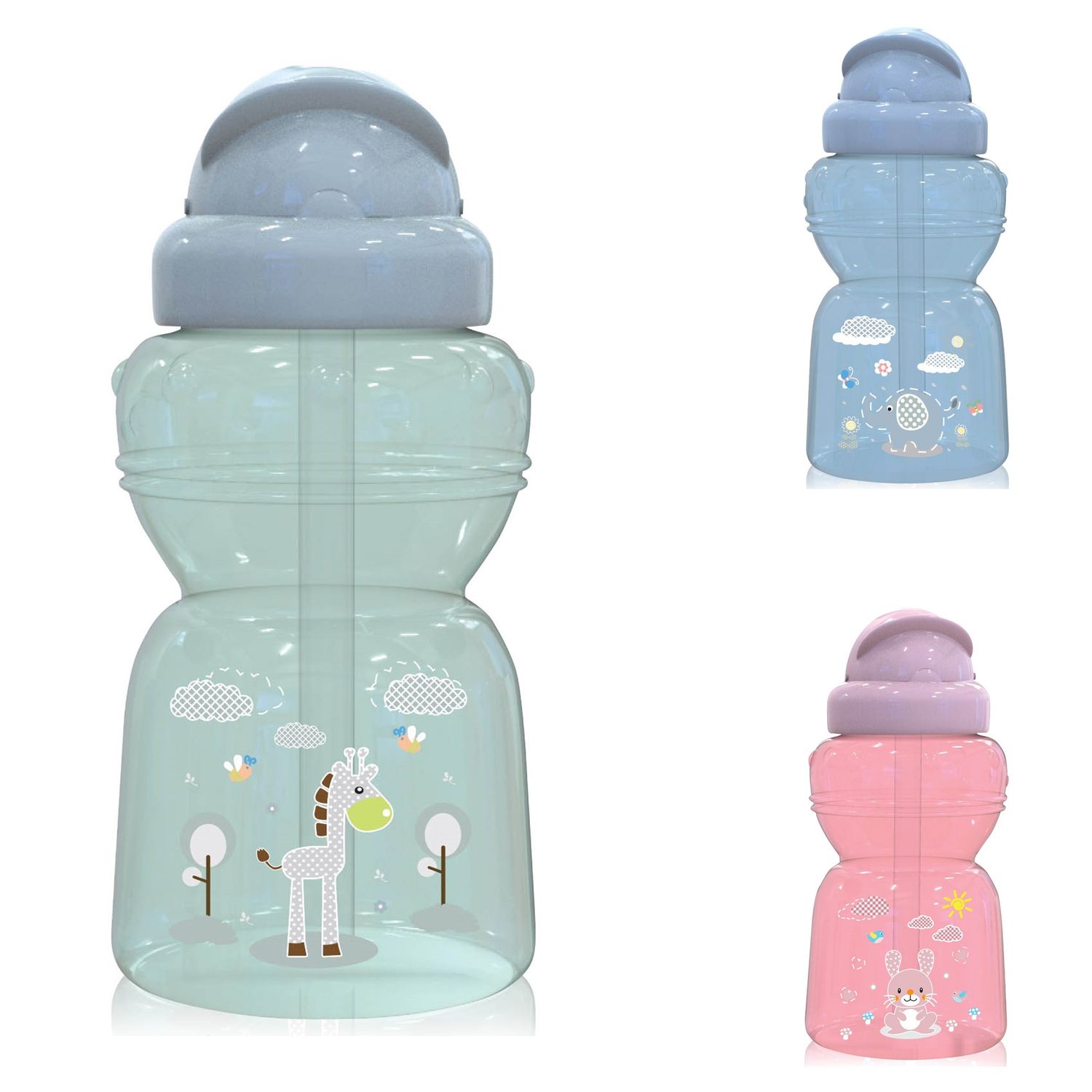 Baby Care Kinder Trinkflasche 325 ml Sport-Sipper Tiere Schutzdeckel Strohhalm gr&uuml;n 