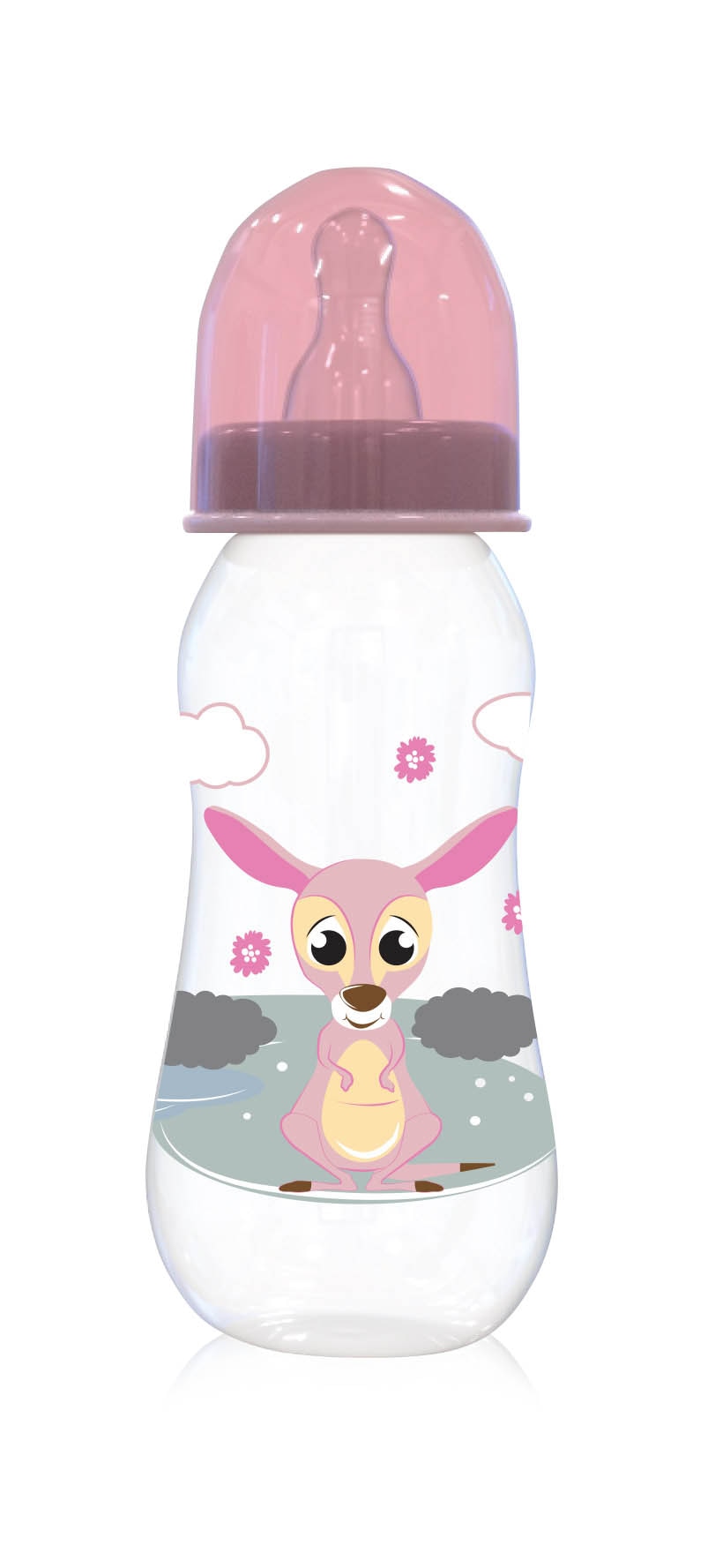 Baby Care Babyflasche 250 ml Tiere Silikonsauger Gr&ouml;&szlig;e 0+ Schutzdeckel ab Geburt rosa 