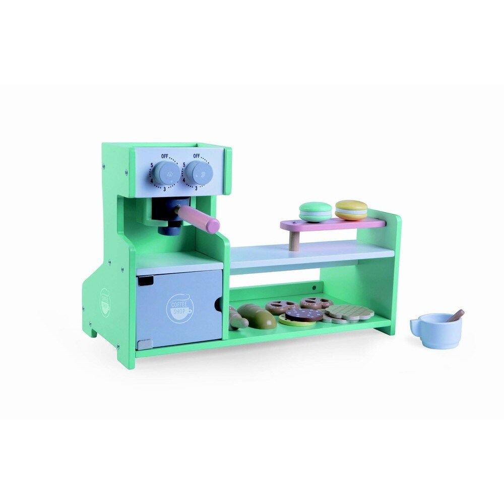 Moni Kinder Kaffee-Shop 4442 aus Holz Kaffeemaschine Theke Tasse L&ouml;ffel Snacks gr&uuml;n 