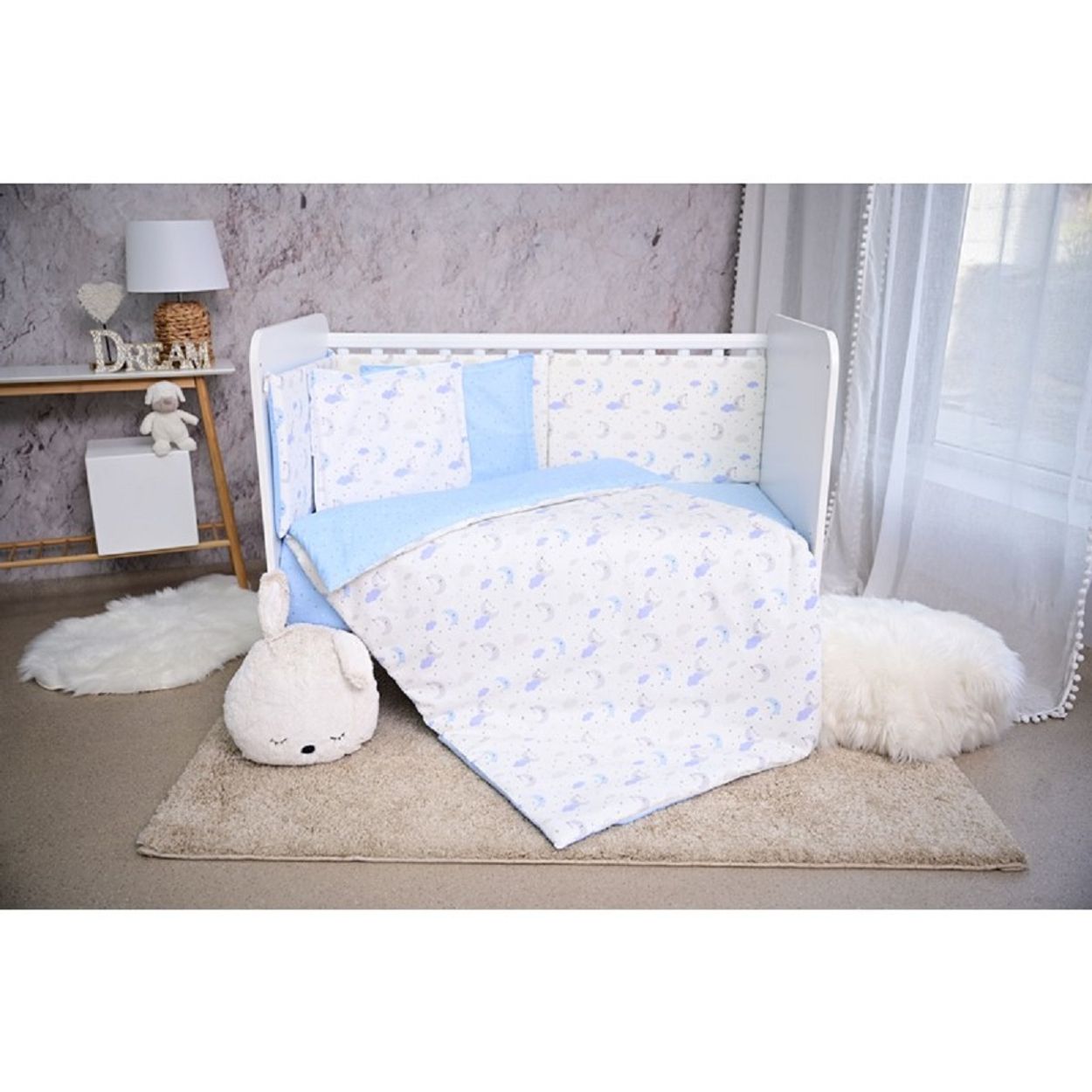 Lorelli Babybettw&auml;sche Set Smile 6-teilig Decke 140x95 Kissen 43x35 Bett 120x60 blau 