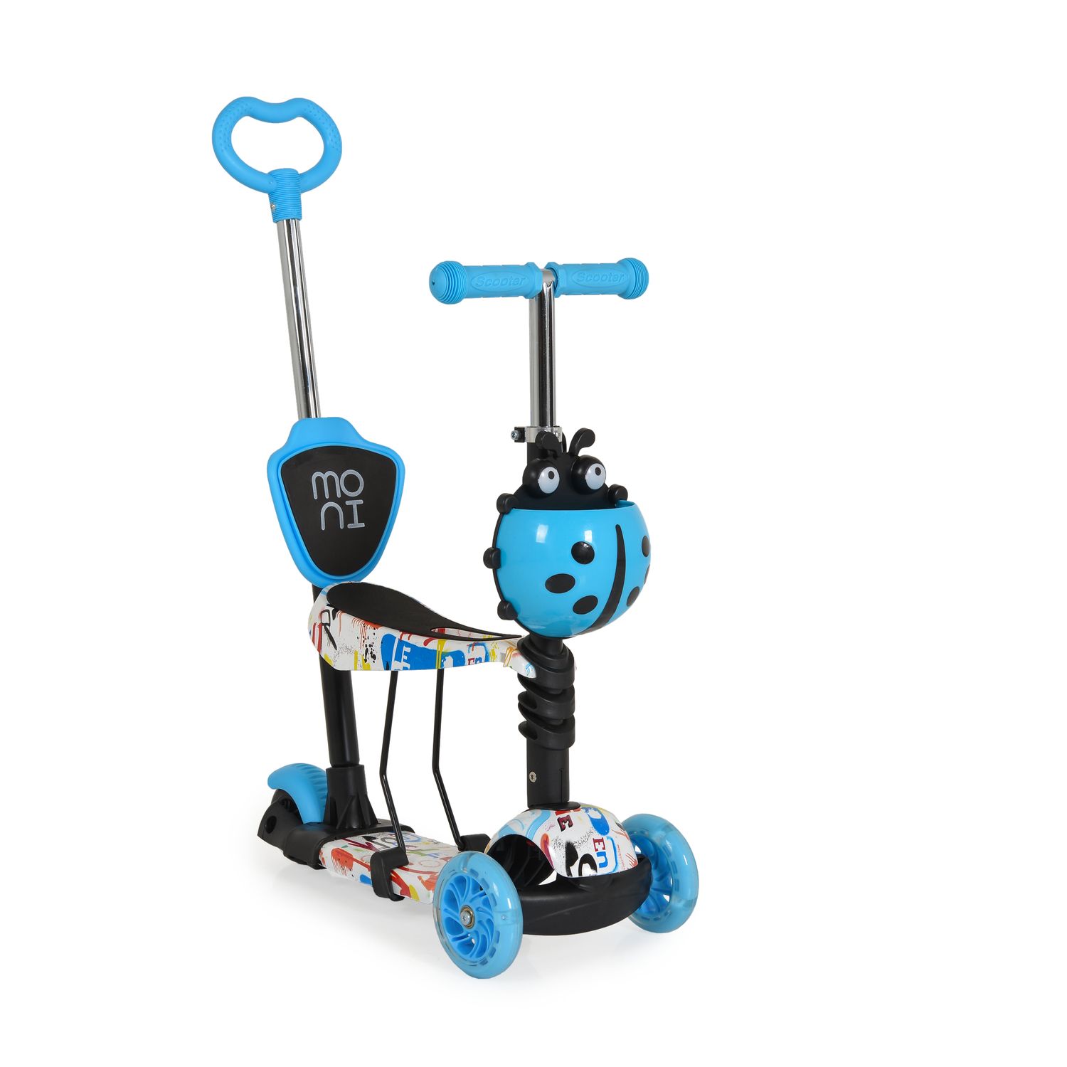 Moni Kinderroller Lollipop 3 in 1 Schiebestange, Sitz, PU-Vorderr&auml;der mit LED blau 