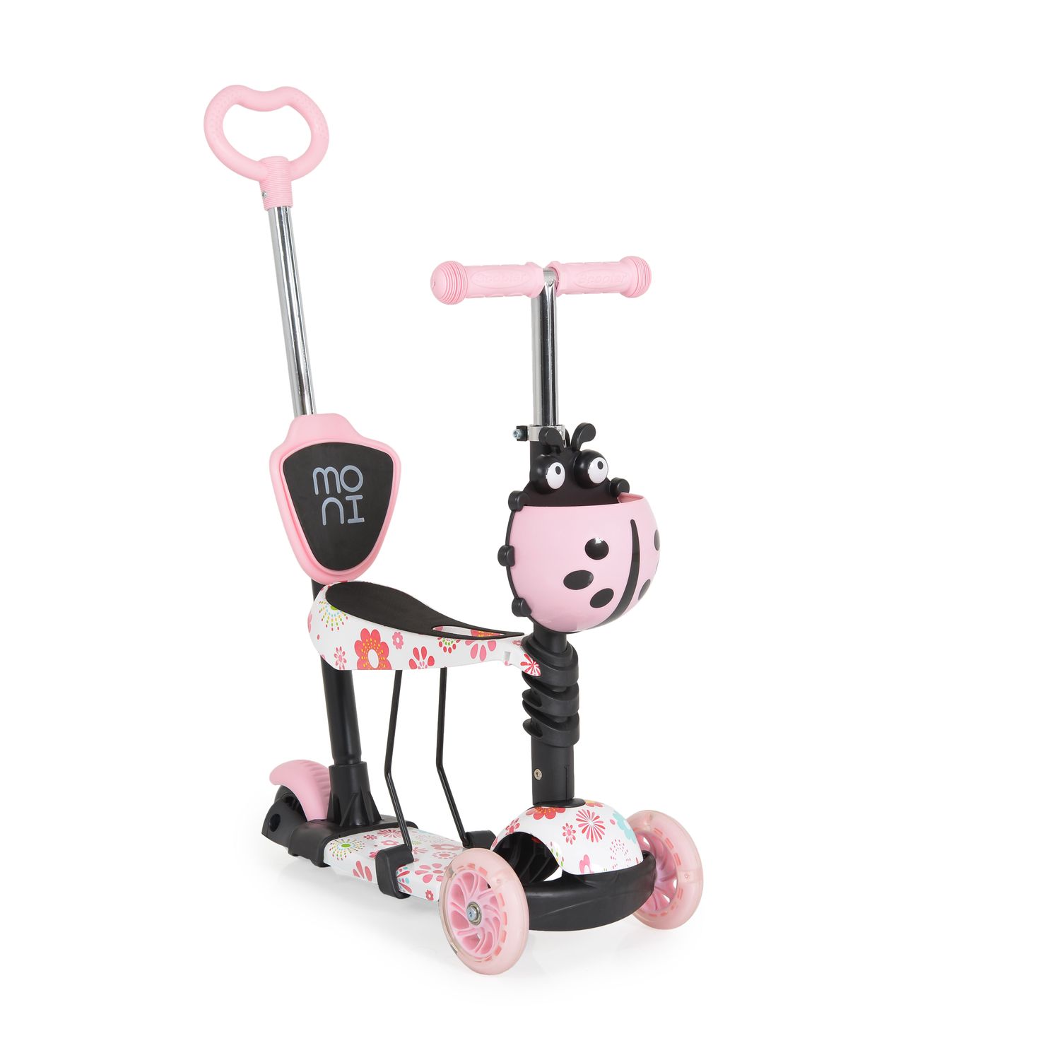 Moni Kinderroller Lollipop 3 in 1 Schiebestange, Sitz, PU-Vorderr&auml;der mit LED rosa 
