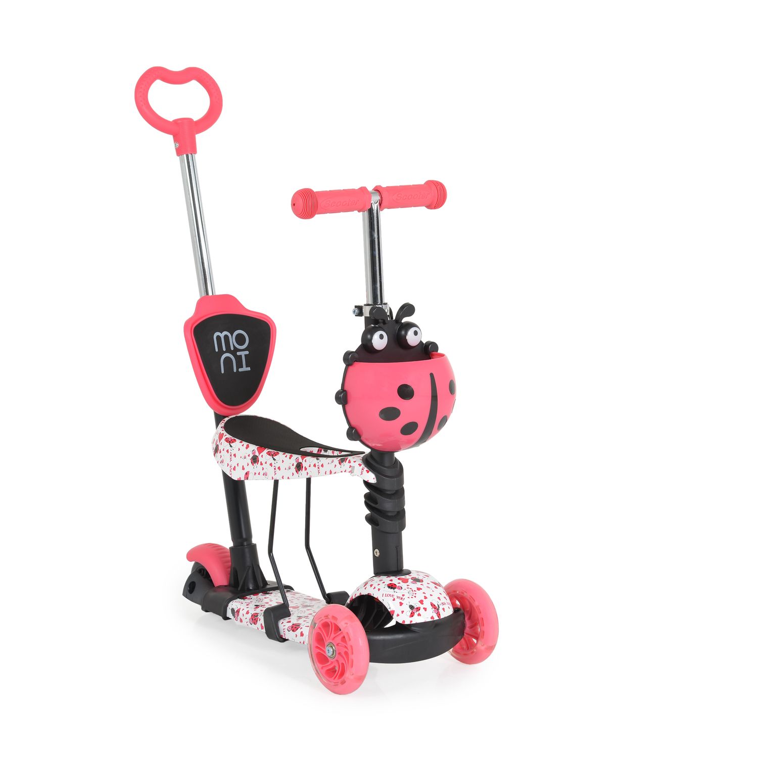 Moni Kinderroller Lollipop 3 in 1 Schiebestange, Sitz, PU-Vorderr&auml;der mit LED rot 