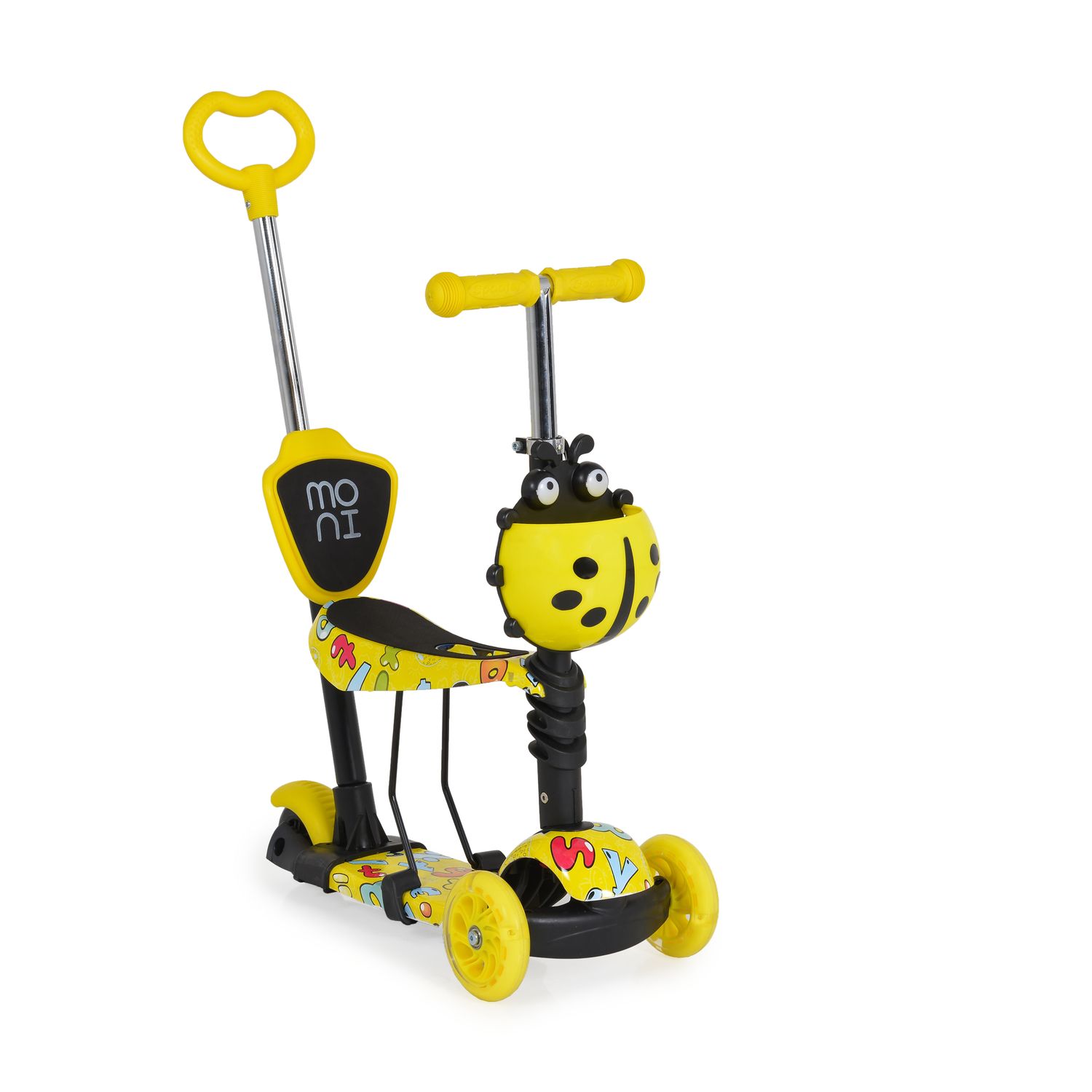Moni Kinderroller Lollipop 3 in 1 Schiebestange, Sitz, PU-Vorderr&auml;der mit LED gelb 