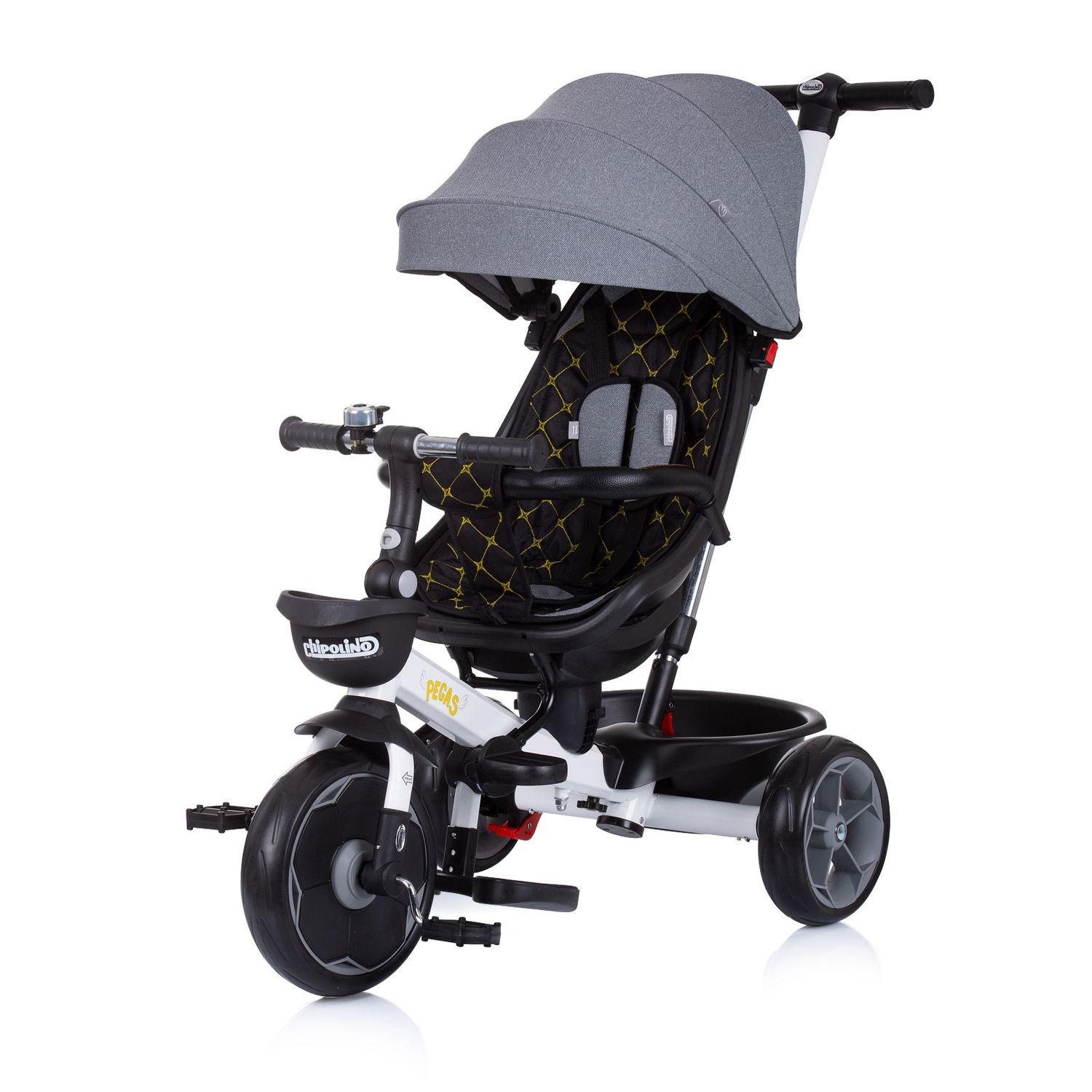 Chipolino Tricycle 4 in 1 Pegas verstellbar, Sitz umkehrbar, Schiebestange, Dach grau 