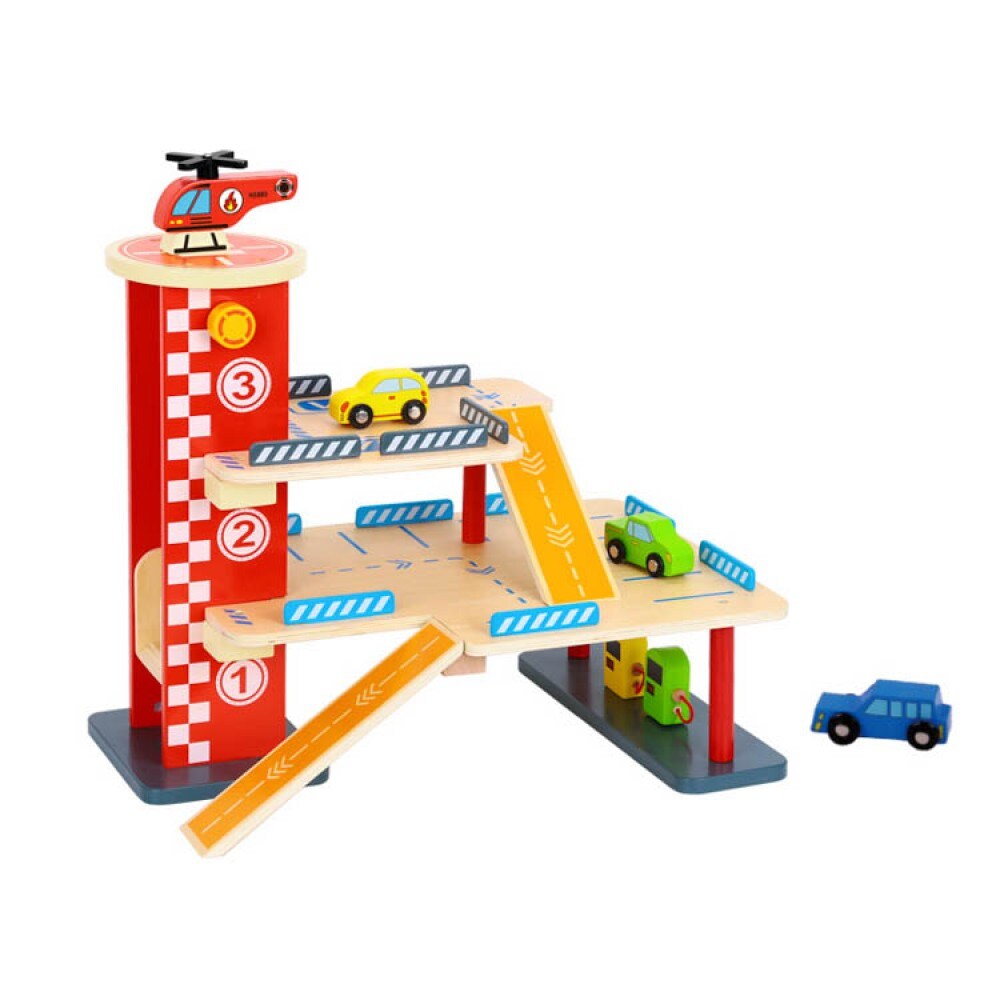 Tooky Toy Holz-Parkhaus TL698, 22-tlg, 3 Etagen, Tankstelle, 3 Autos, Landeplatz bunt 