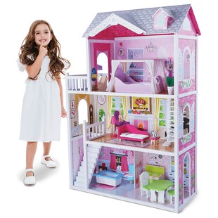 Moni Holz-Puppenhaus 4107 Aria 14-teilig mit Puppe, 3 Etagen, 4 Zimmer, Terrasse rosa 