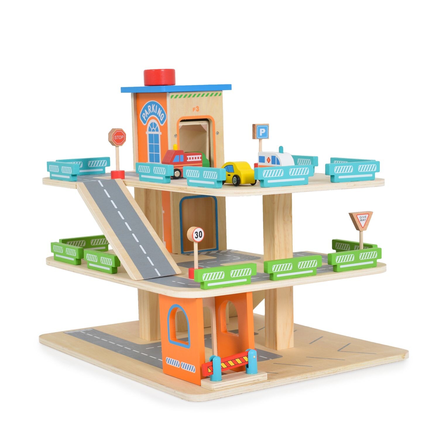 Moni Kinderspielzeug Holz-Parkhaus drei Etagen 25-tlg. 4 Autos 3 Etagen Schranke bunt