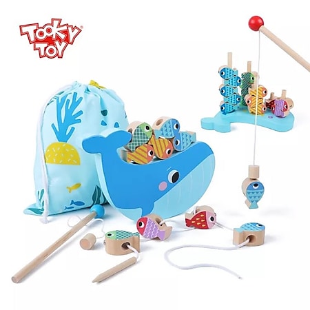 Tooky Toy Angelspiel TH698 Holz 25-teilig Stapelspiel, Fädelspiel, Steckspiel blau 