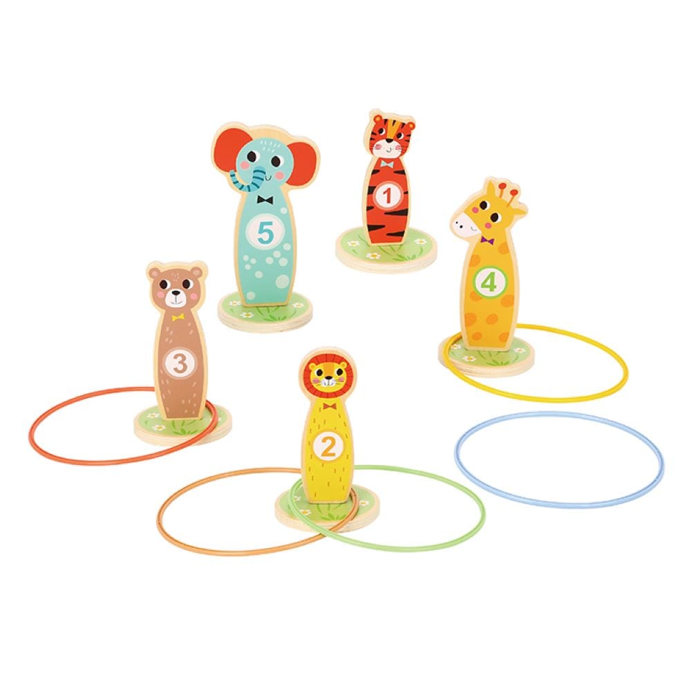 Tooky Toy Ringwurfspiel T401 aus Holz 15-teilig, 5 bunte Tierfiguren, 5 Ringe bunt 