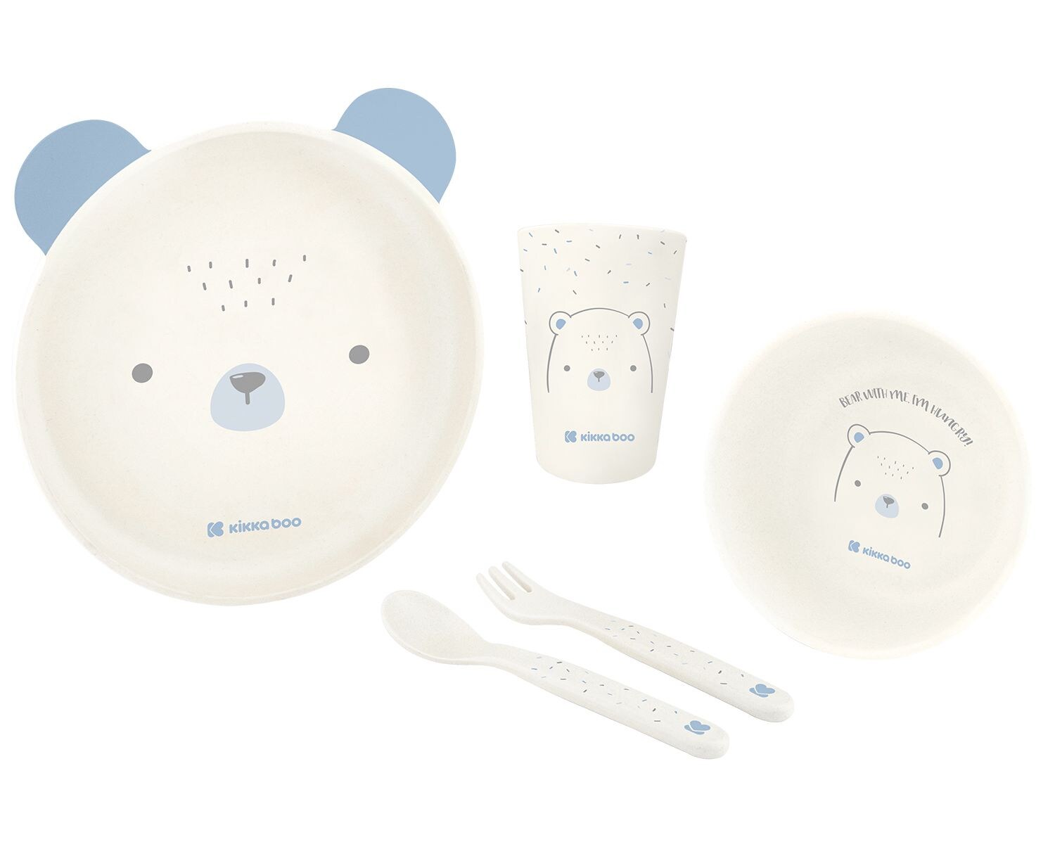 Kindergeschirr Set Bear with me 5-teilig, Tiermotiv, Schale, Besteck blau