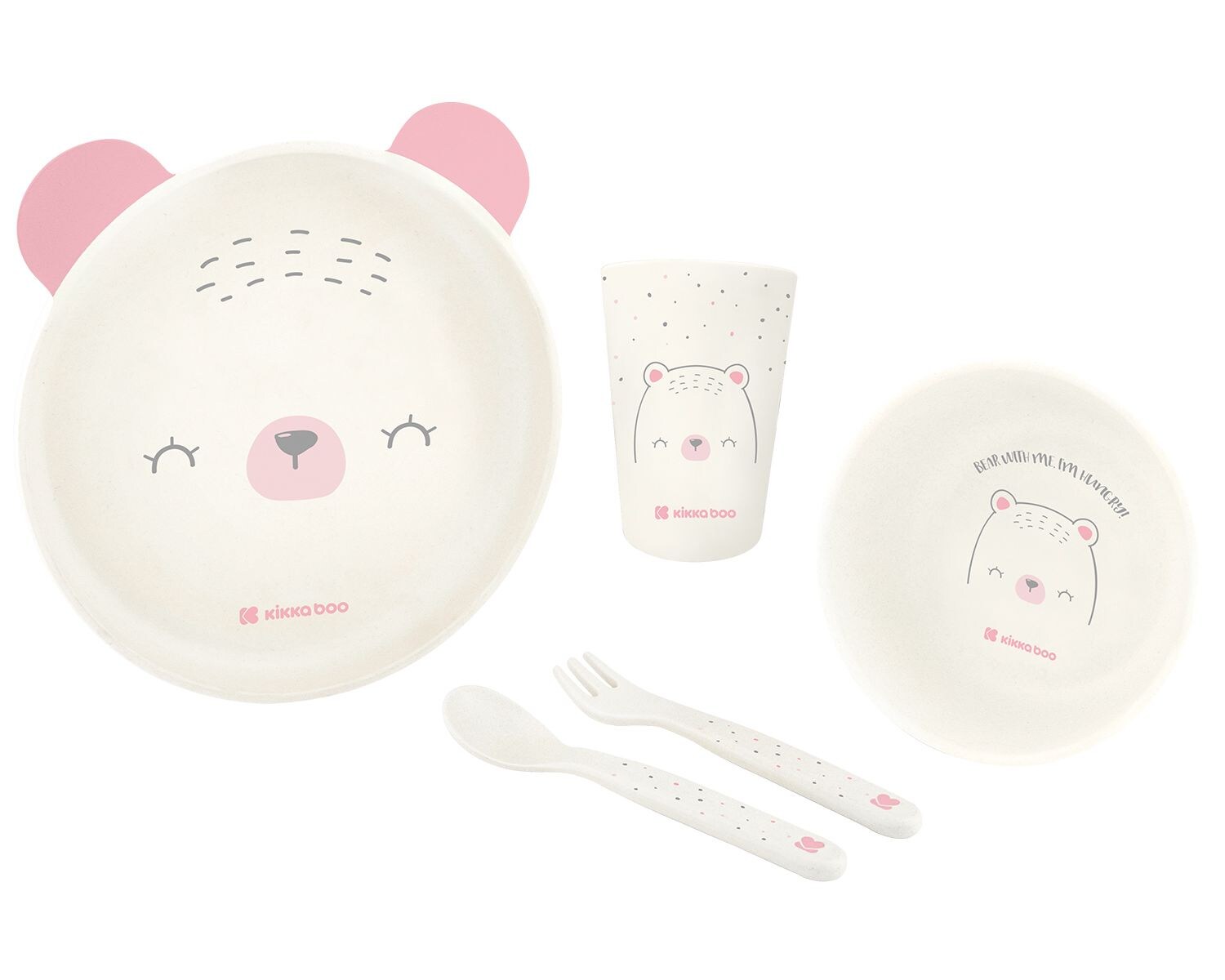 Kindergeschirr Set Bear with me 5-teilig, Tiermotiv, Schale, Besteck pink
