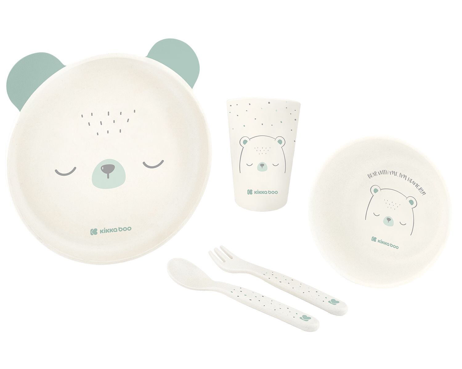 Kindergeschirr Set Bear with me 5-teilig, Tiermotiv, Schale, Besteck grün
