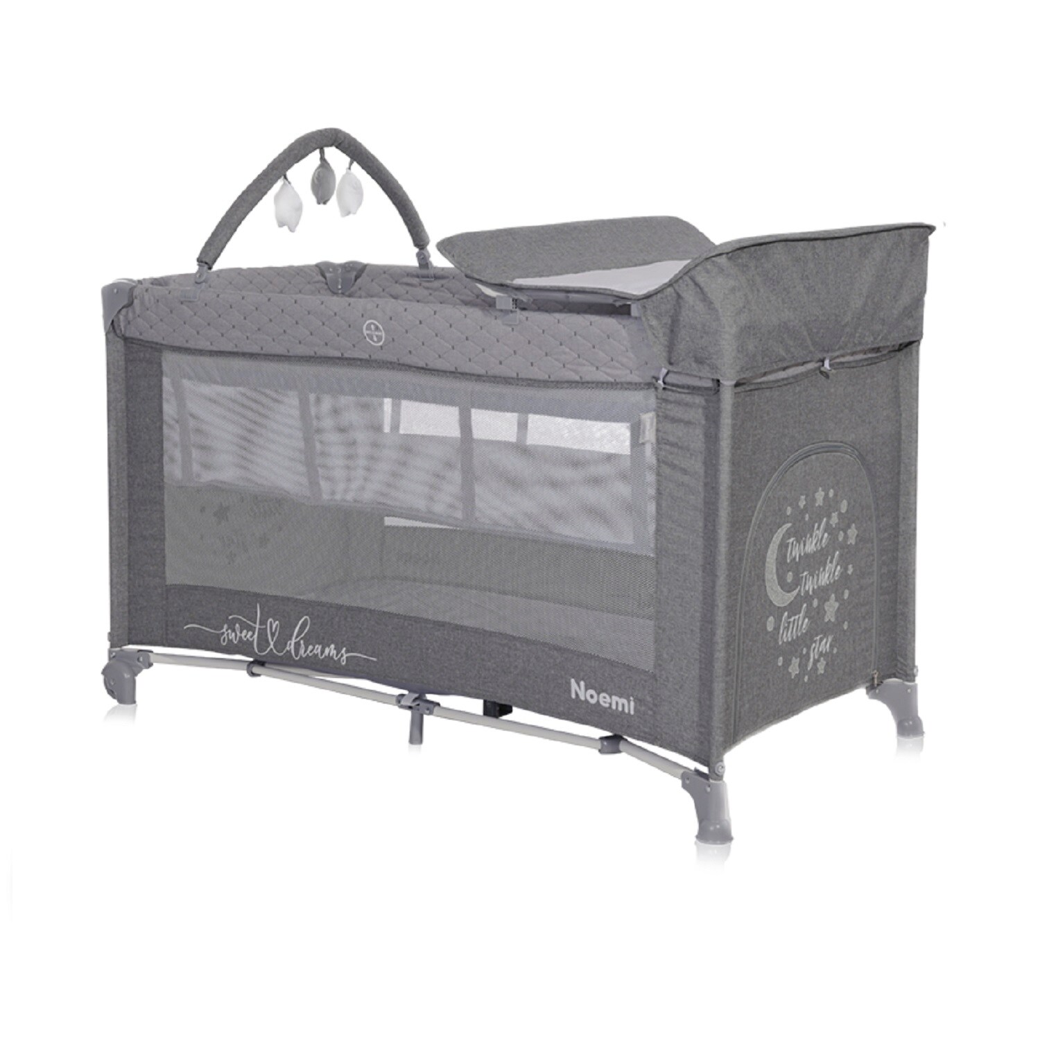 Lorelli Reisebett Noemi 2 Ebenen, Wickelauflage, Spielbogen, Tragetasche, R&auml;der dunkelgrau 