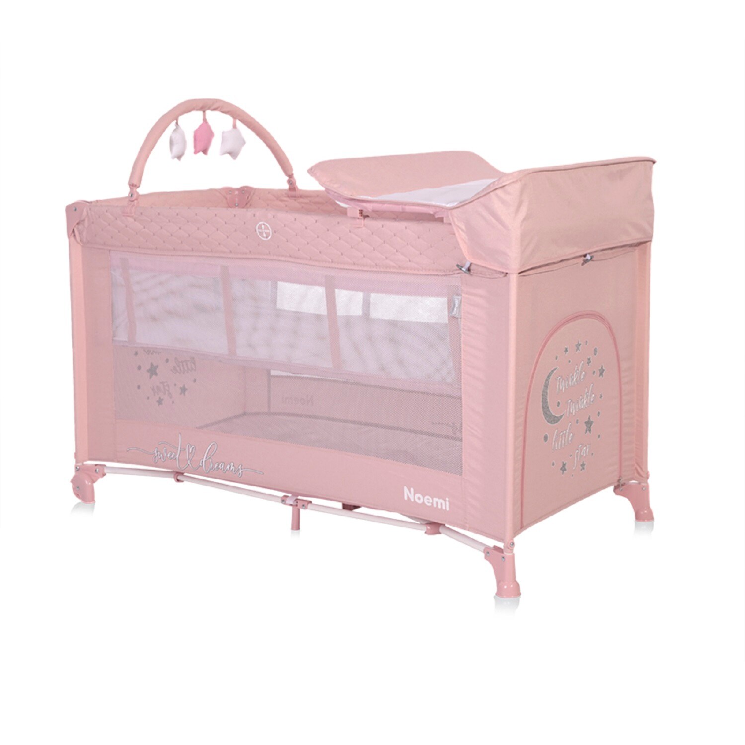 Lorelli Reisebett Noemi 2 Ebenen, Wickelauflage, Spielbogen, Tragetasche, R&auml;der pink 