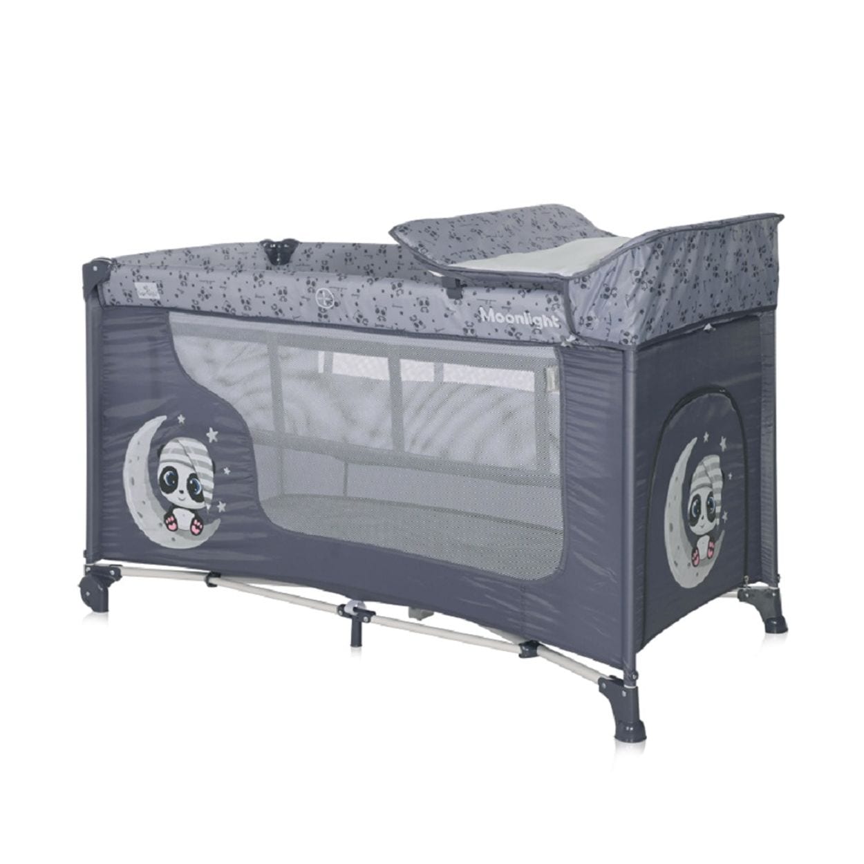 Lorelli Reisebett Moonlight zwei Ebenen, faltbar, Wickelauflage, Matratze, R&auml;der grau hellgrau 