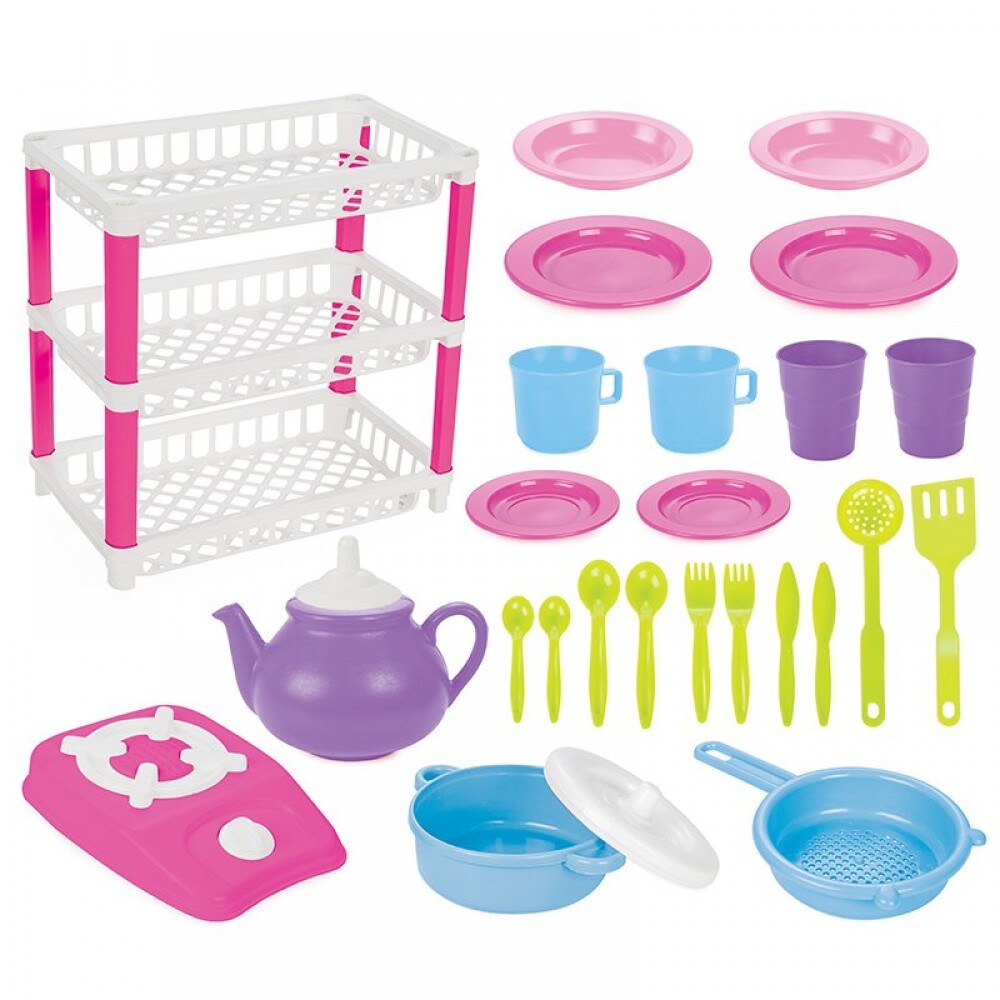 Pilsan Spielzeuggeschirr 03337 drei Ebenen 26 teilig, Besteck, Teller, Topf Herd rosa 