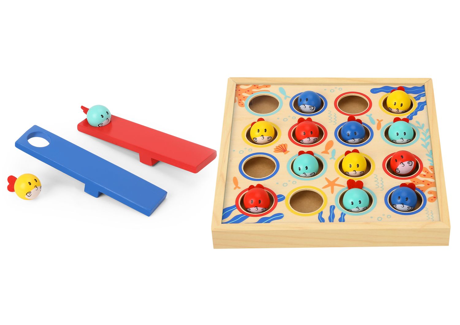 Tooky Toy Fisch-Tauchspiel TF980 aus Holz 19-teilig fliegende Fische Sprungbrett bunt 