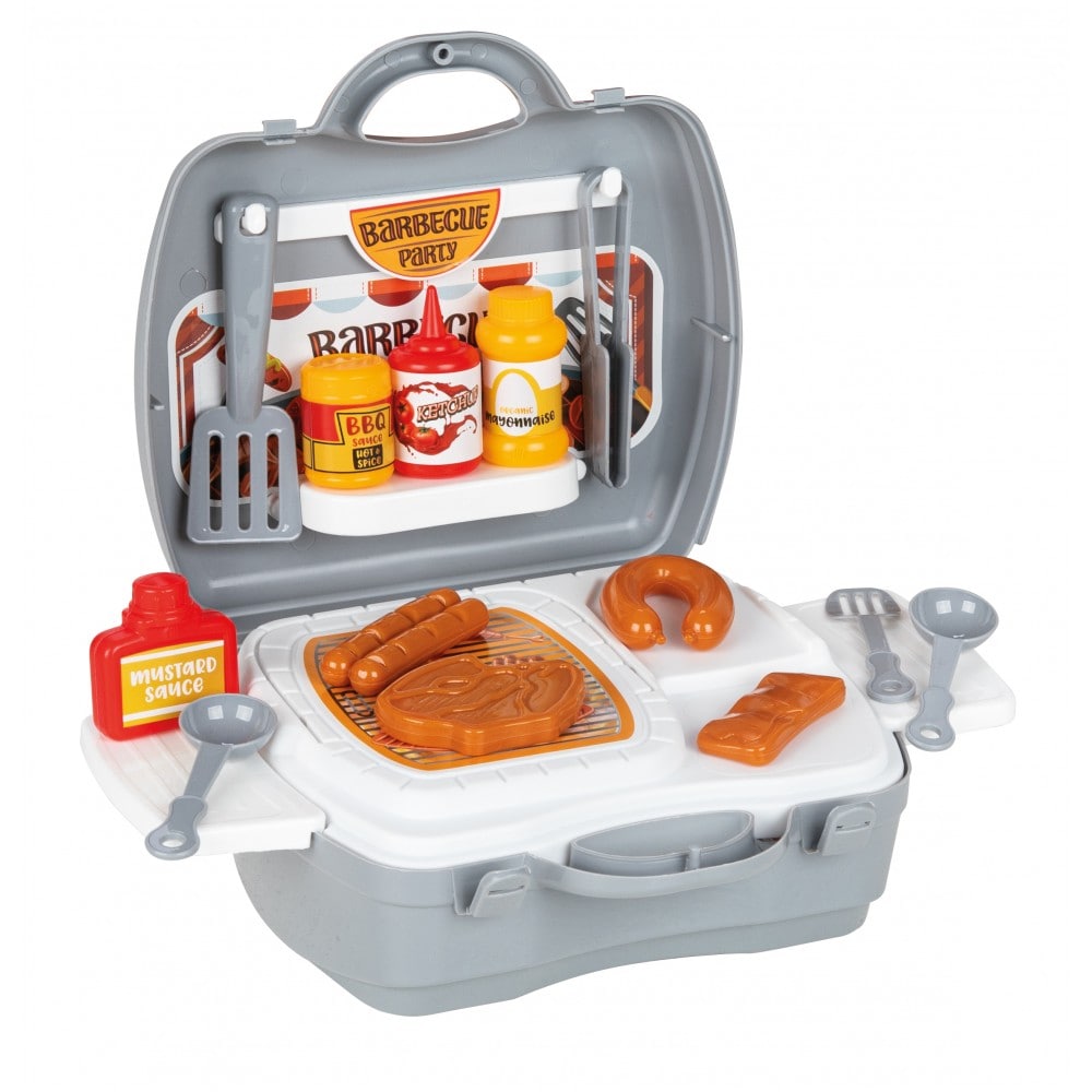 Pilsan Spielzeug Grillkoffer 03368 BBQ-Set Grillbesteck Teller Spiellebensmittel grau 