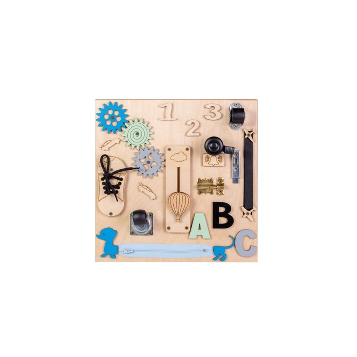 Moni Lernboard Lerntafel klein aus Holz, Zahnr&auml;der, Selbstverschluss, Drehrollen blau 