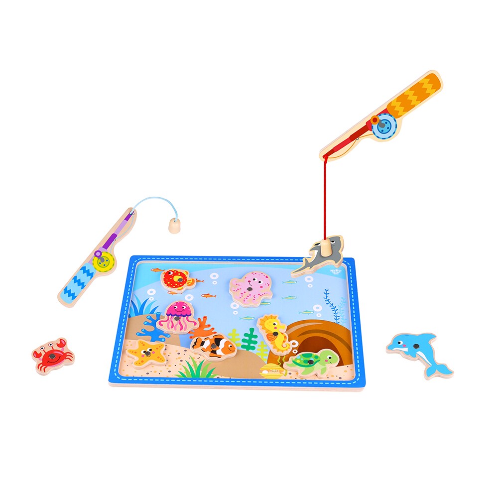 Tooky Toy Angelspiel TKF040 Holz 10 Meerestiere, 2 Angelst&auml;be magnetische Fische blau 