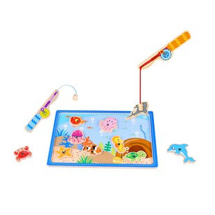 Tooky Toy Angelspiel TKF040 Holz 10 Meerestiere, 2 Angelstäbe magnetische Fische blau 