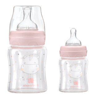 Kikkaboo Baby Glasflasche 120 ml, Weithalsöffnung, Silikonsauger Größe S, Deckel rosa 