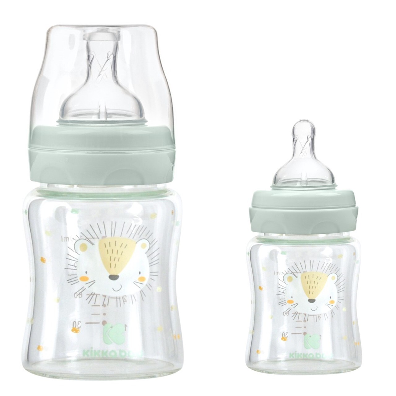 Kikkaboo Baby Glasflasche 120 ml, Weithals&ouml;ffnung, Silikonsauger Gr&ouml;&szlig;e S, Deckel gr&uuml;n 