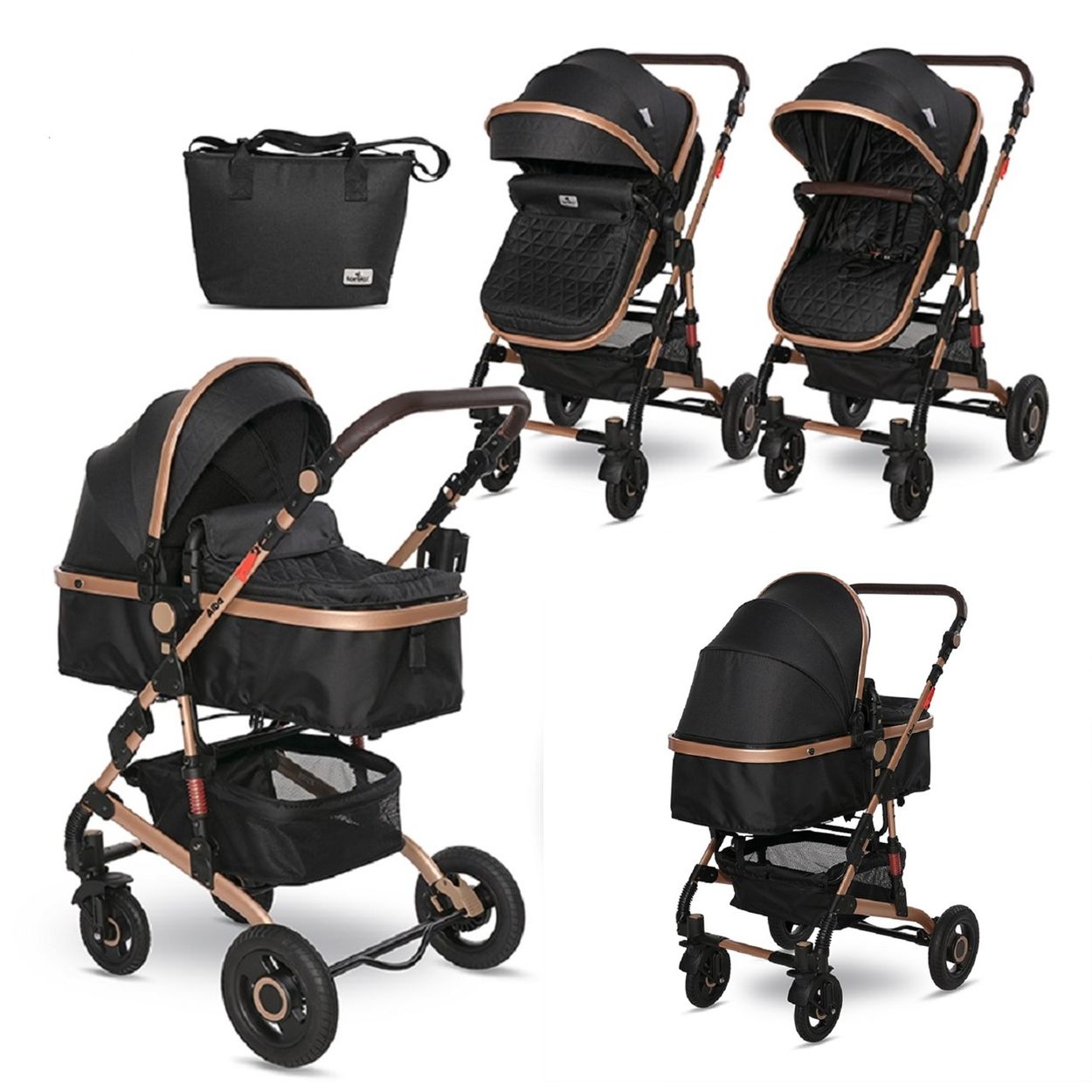 Lorelli Kinderwagen Alba 2 in 1 Sportsitz Babywanne Gummireifen, einstellbar schwarz gold 