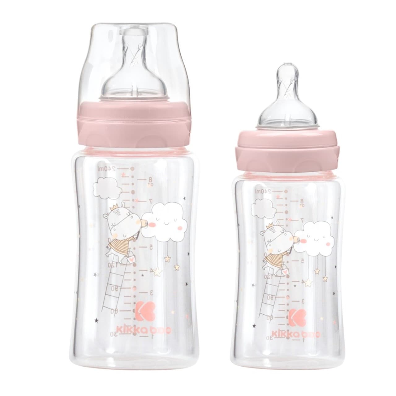 Kikkaboo Baby Glasflasche 240 ml, Weithals&ouml;ffnung, Deckel, Silikonsauger Gr&ouml;&szlig;e M rosa 