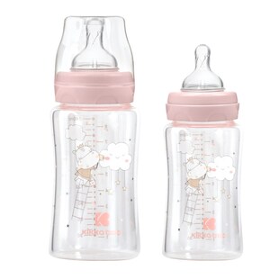 Kikkaboo Baby Glasflasche 240 ml, Weithalsöffnung, Deckel, Silikonsauger Größe M rosa 