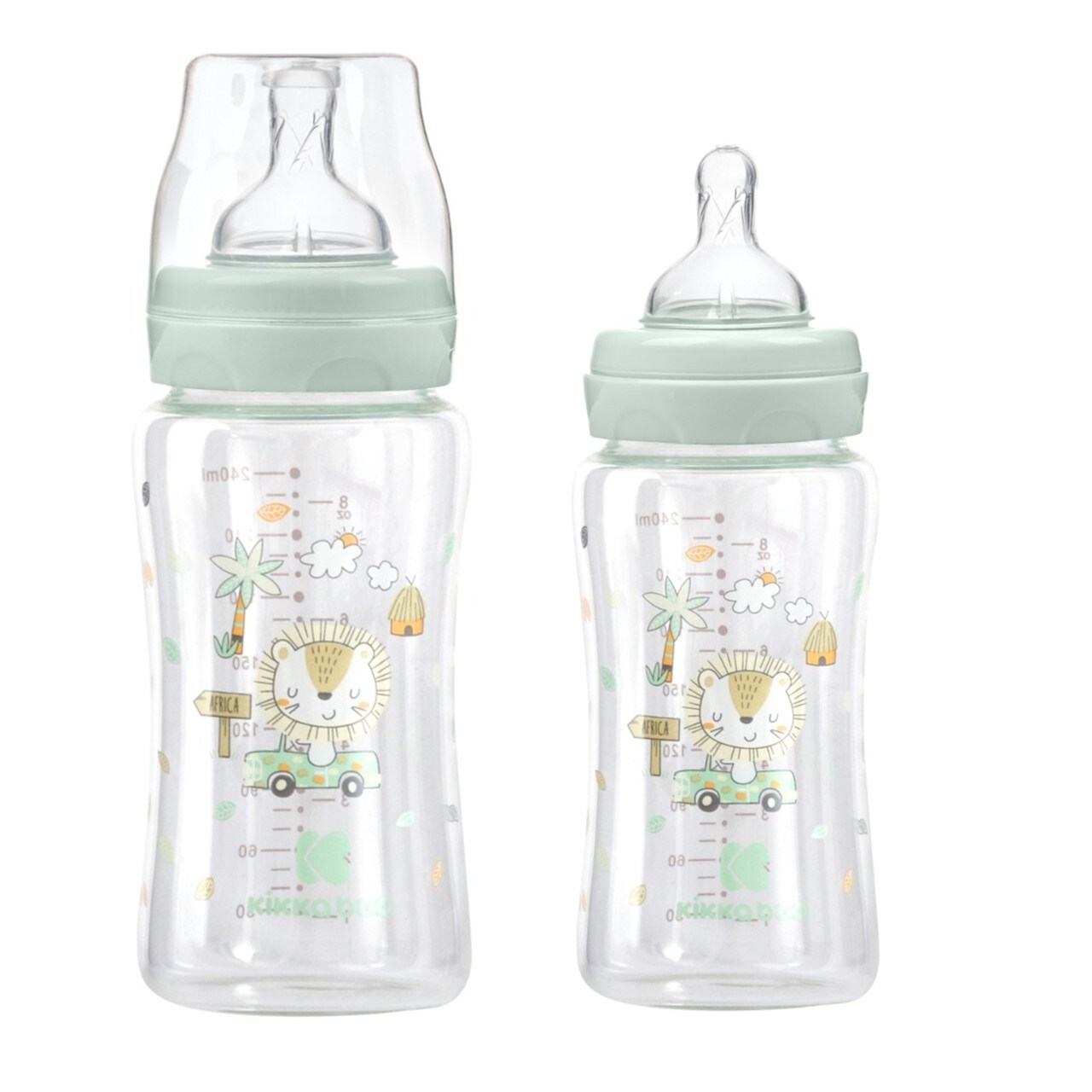 Kikkaboo Baby Glasflasche 240 ml, Weithals&ouml;ffnung, Deckel, Silikonsauger Gr&ouml;&szlig;e M gr&uuml;n 