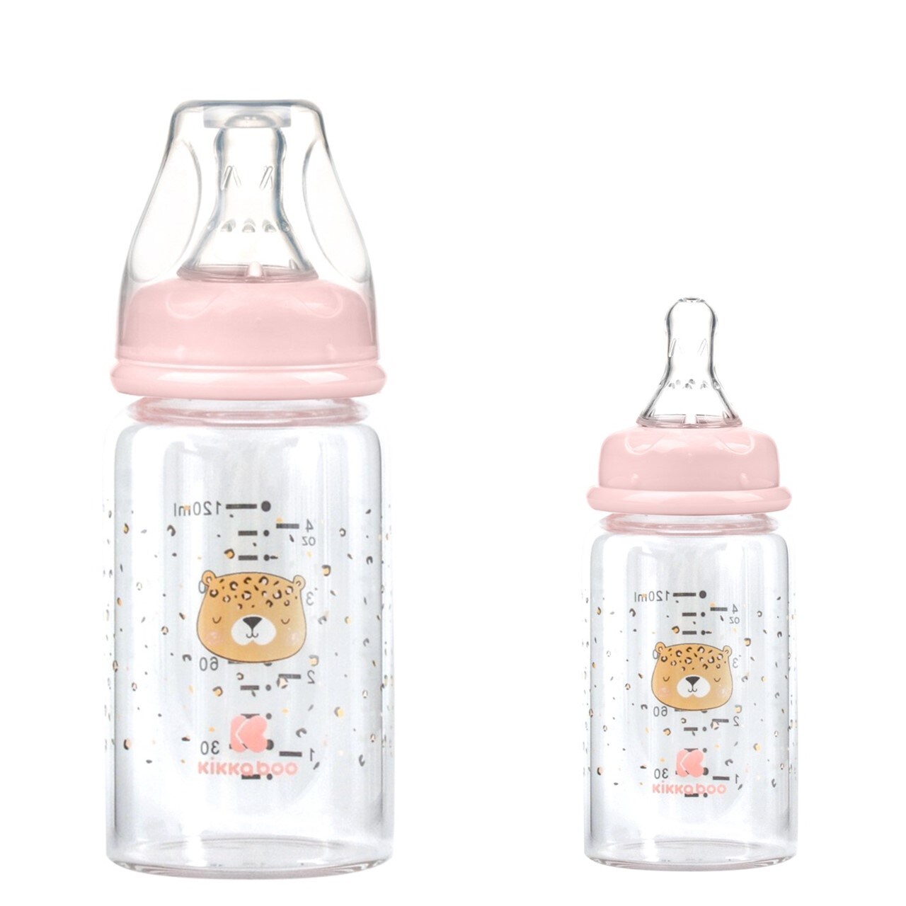 Kikkaboo Baby Glasflasche 120 ml Savanna Anti-Kolik-Silikonsauger Gr&ouml;&szlig;e S Deckel rosa 