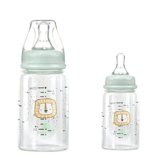 Kikkaboo Baby Glasflasche 120 ml Savanna Anti-Kolik-Silikonsauger Größe S Deckel grün 