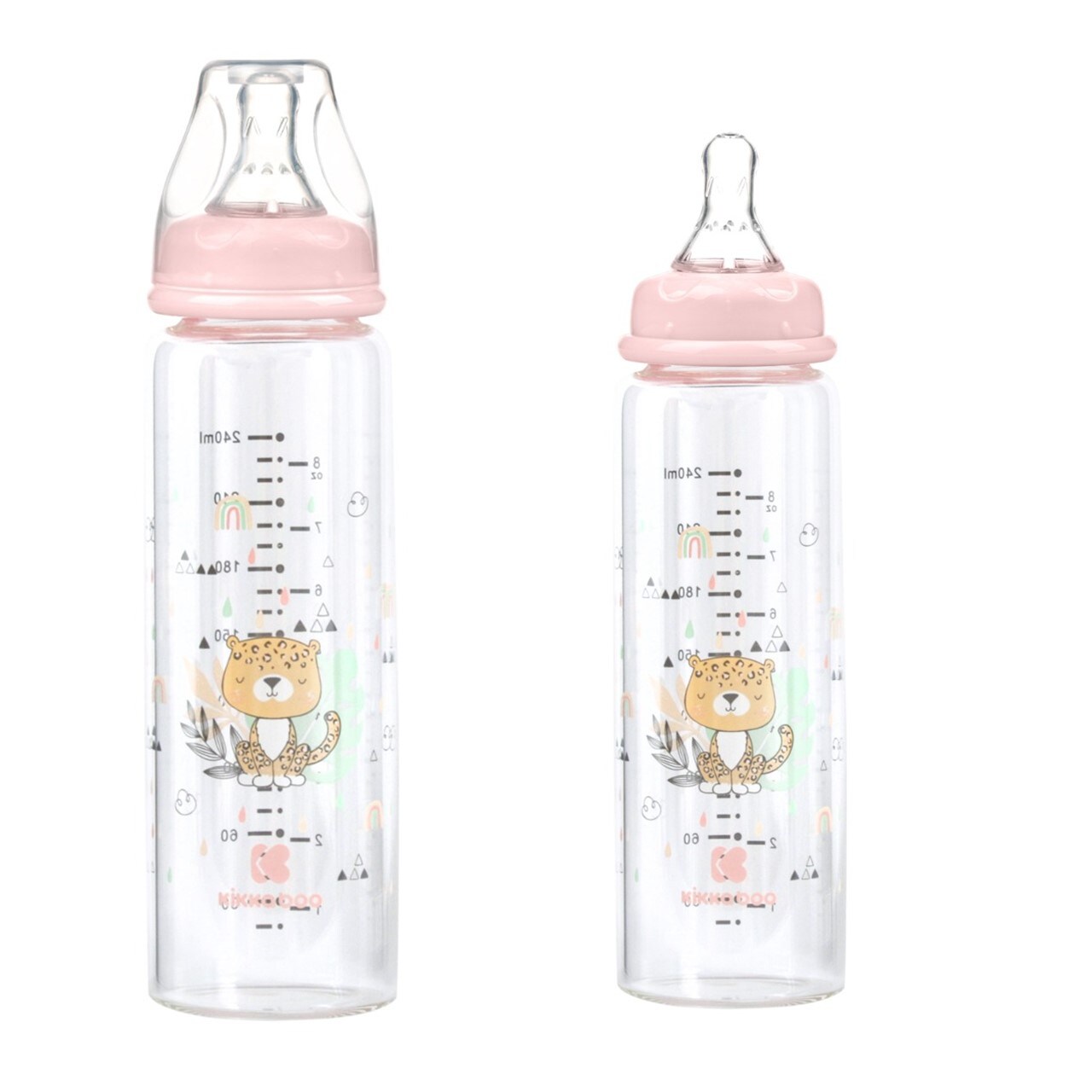 Kikkaboo Baby Glasflasche Savanna 240 ml, Silikonsauger Gr&ouml;&szlig;e M, Anti-Kolik rosa 
