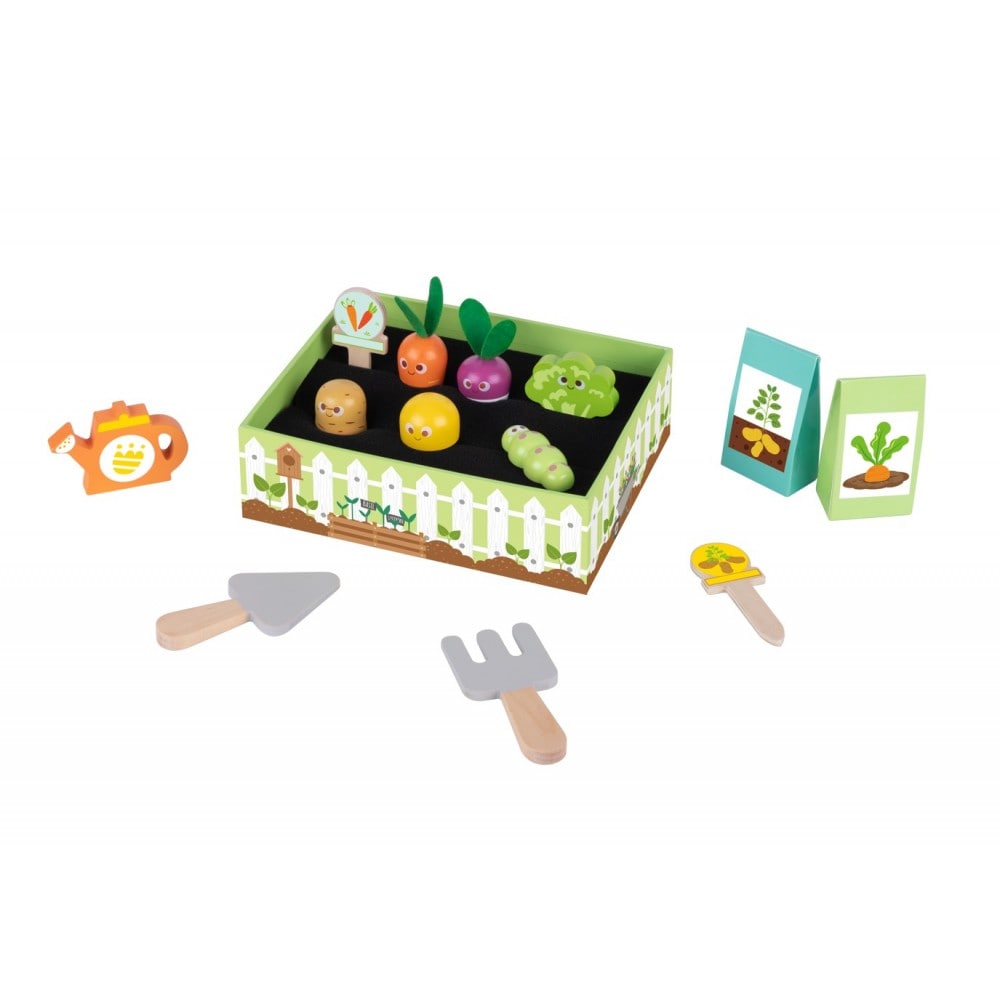 Tooky Toy Kinder-Gartenset TK315 Holz 14-teilig, Beet, Gem&uuml;se, Gie&szlig;kanne, Samen gr&uuml;n 