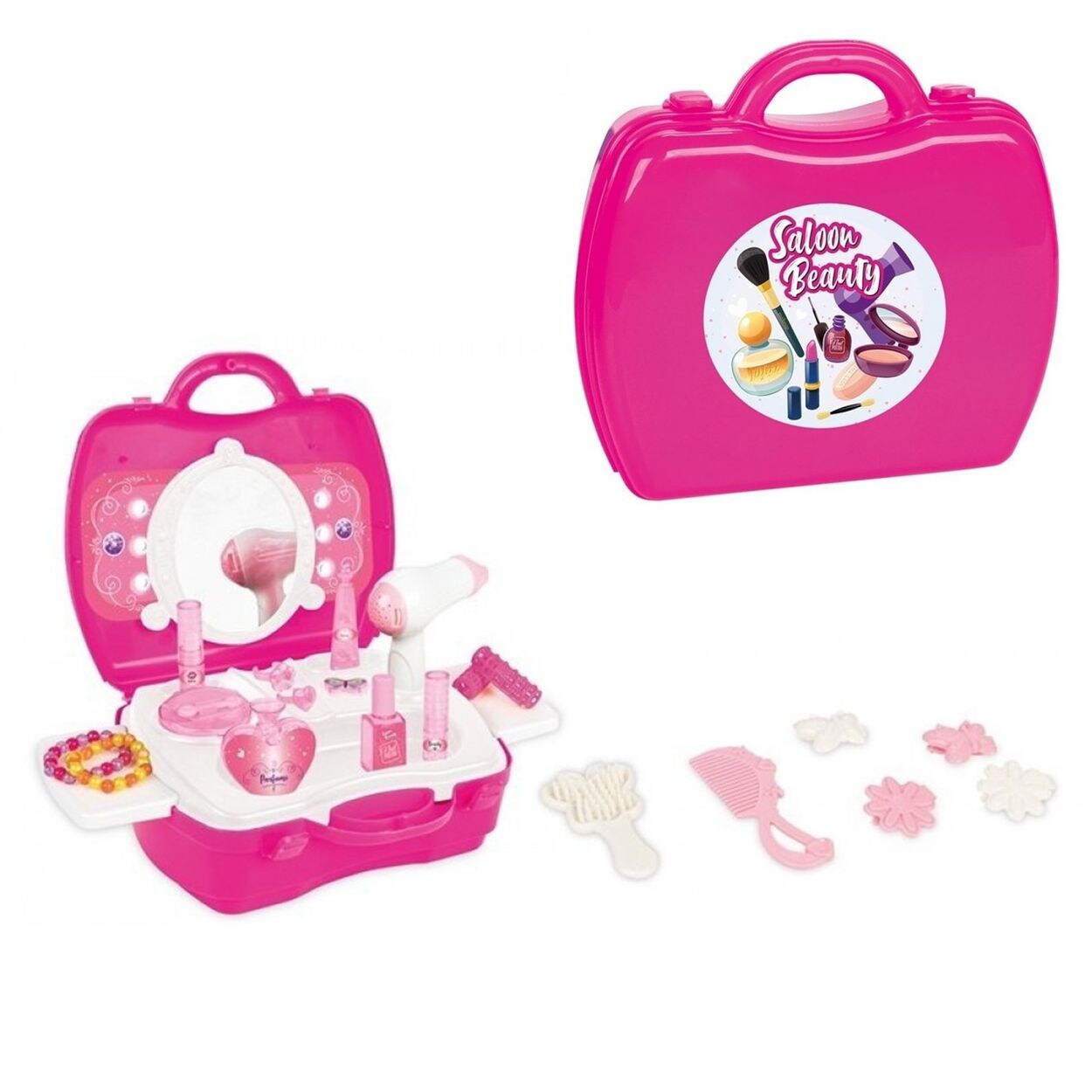 Kinderspielzeug Kosmetikkoffer 03562 Föhn Kamm Parfum Armband Nagellack rosa